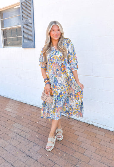 With You Always Midi Dress in Blue, paisley flower short sleeve midi dress, slight v-neck, in the colors light blue, blue, yellow, cream, white, orange, coral, tan, and sage