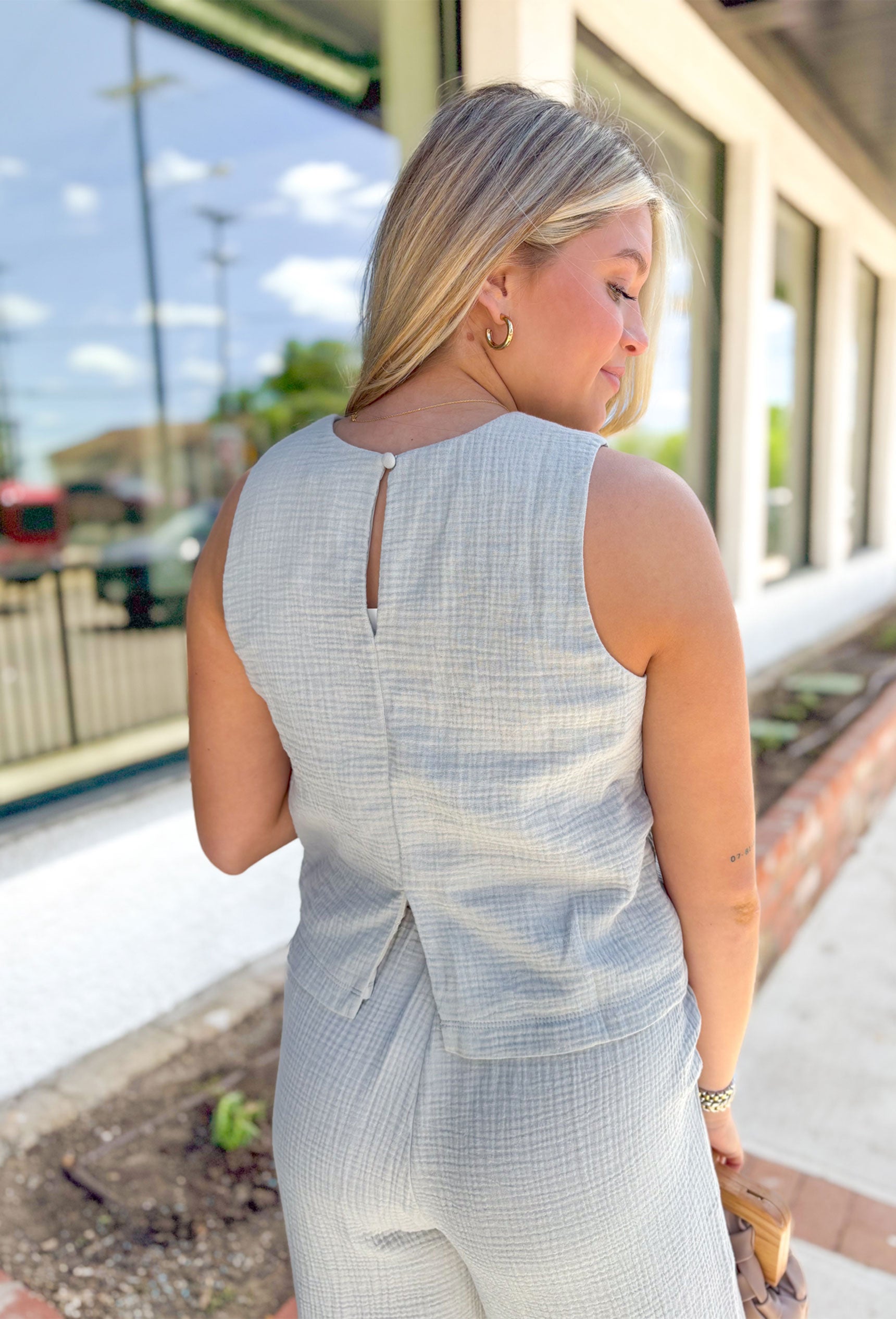 Z SUPPLY Beau Gauze Top in Pale Jade, high neck pale sage green gauze tank top with button closer on the back of the neck