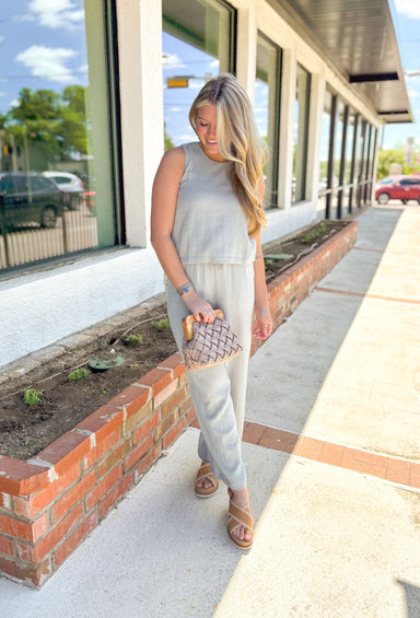 Z SUPPLY Beau Gauze Top in Pale Jade, high neck pale sage green gauze tank top with button closer on the back of the neck
