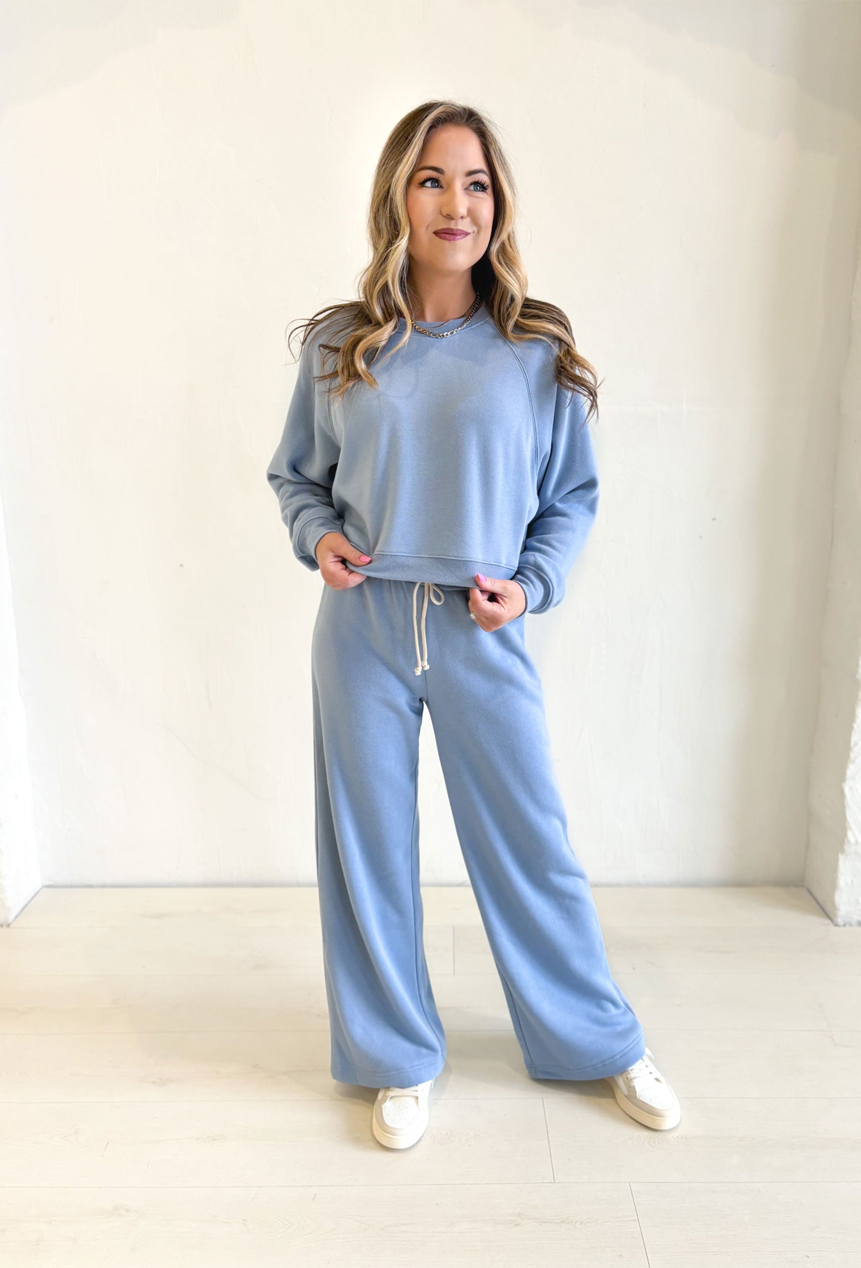 Z SUPPLY Feeling The Moment Sweatpants, light blue wide leg sweatpants with drawstring waist band