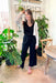 Z SUPPLY Lunch Date Pucker Jumpsuit, short sleeve black textured jumpsuit with soft v-neck, wide legs. and elastic waist band