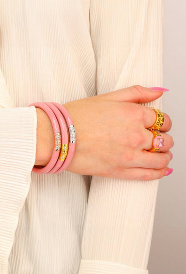 BUDHAGIRL Three Kings All Weather Bangles in Blush, cool toned blush colored three kings with gold, rose gold, and silver hardware with crystal details 