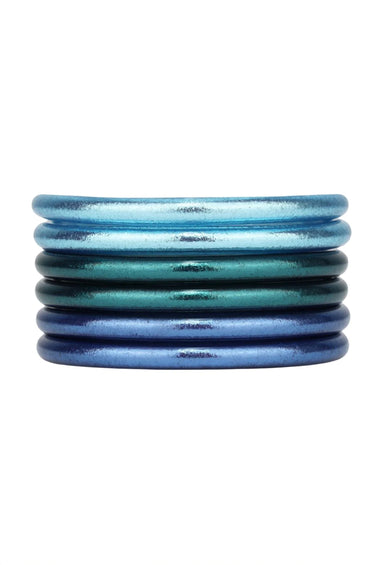 BUDHAGIRL Bangles in all the oceanse, stack of 6 bangles, mix of azure, plume, and marine 