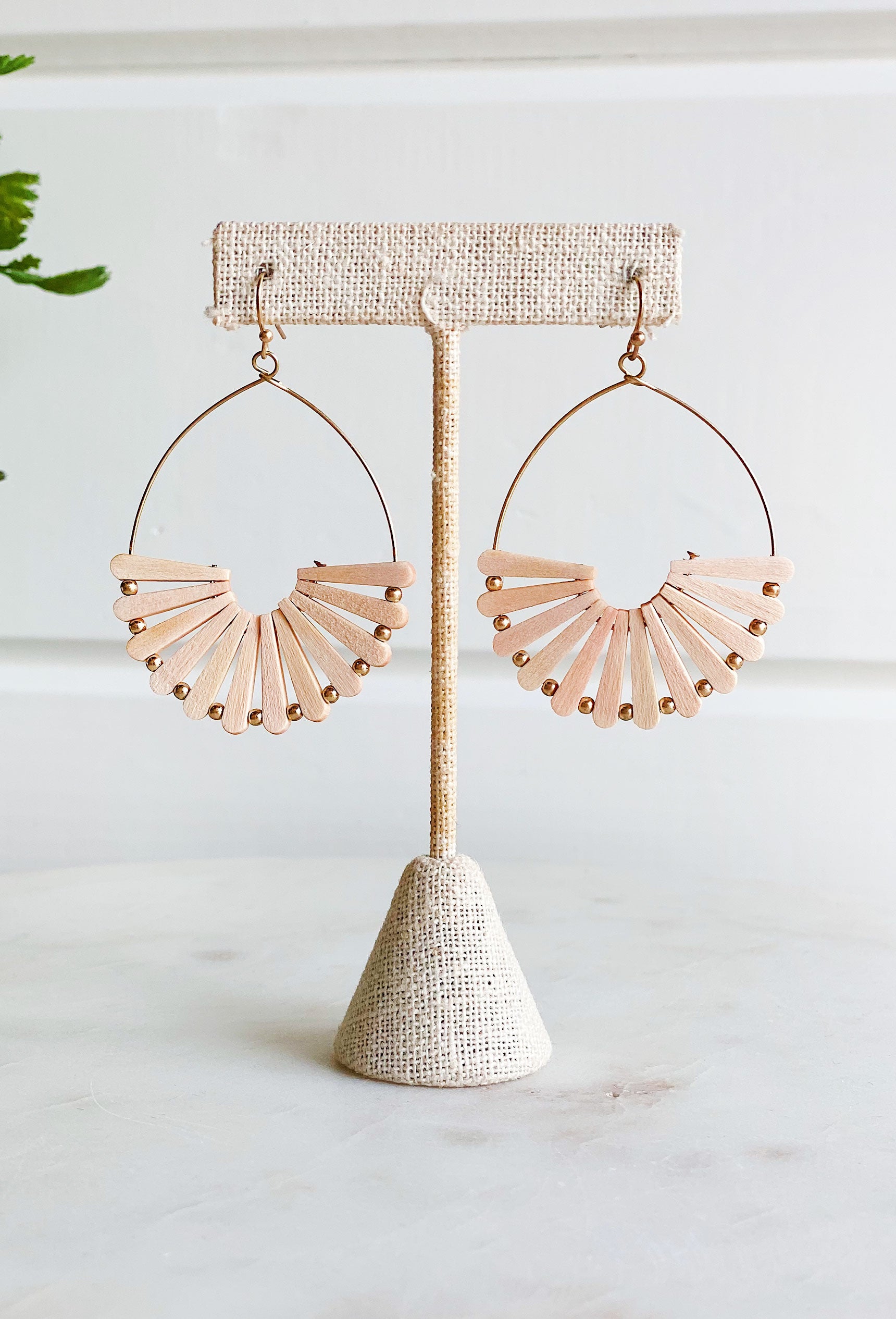 Waiting for you Earrings, gold teardrop earrings are adorned with delicate wooden fan detail