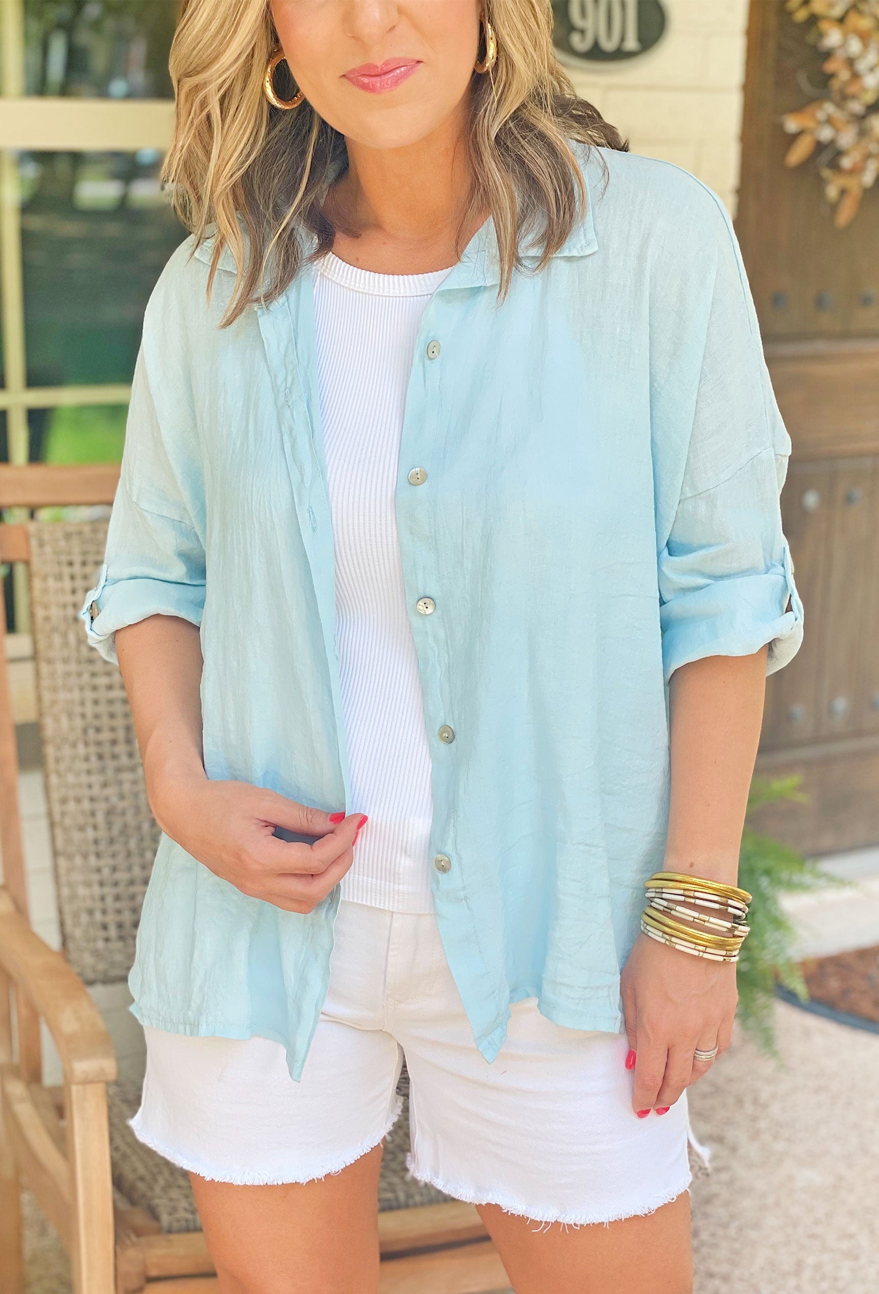 When Evening Falls Button Down Linen Top In Sky Blue, button down top, light blue, collared neck with buttons to hold up sleeves