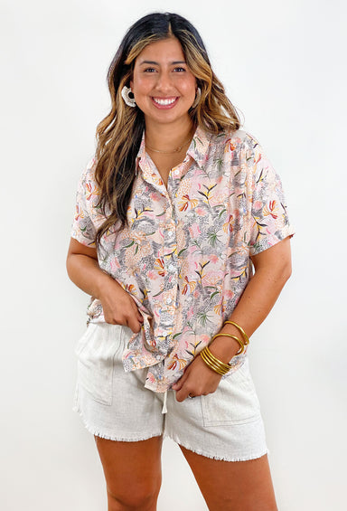 Wildest Dream Button Up Top, Collared button up top with a lightweight fabric and a subtle animal print spots and small colorful floral print