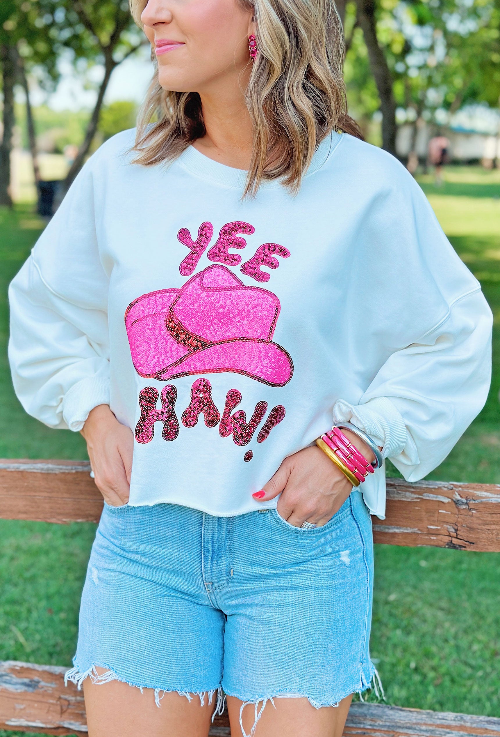 Yee Haw Sequin Pullover, White cropped pullover with eye-catching "Yee Haw" in fuchsia sequins and a bright pink sequin cowgirl hat