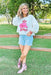 Yee Haw Sequin Pullover, White cropped pullover with eye-catching "Yee Haw" in fuchsia sequins and a bright pink sequin cowgirl hat