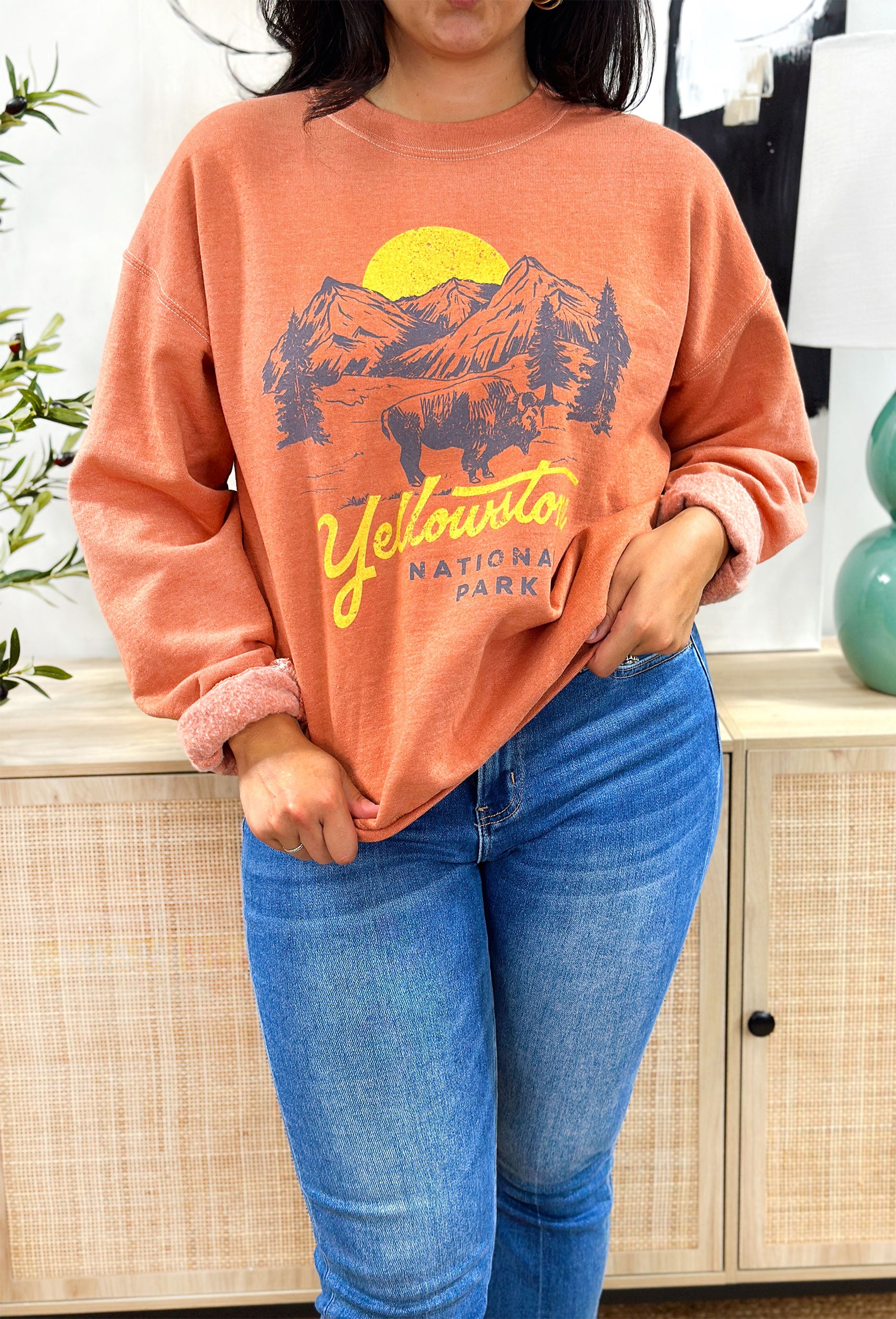 Yellowstone Graphic Pullover, Burnt orange crewneck with graphic of a mountain, setting sun, buffalo and "yellowstone national park"