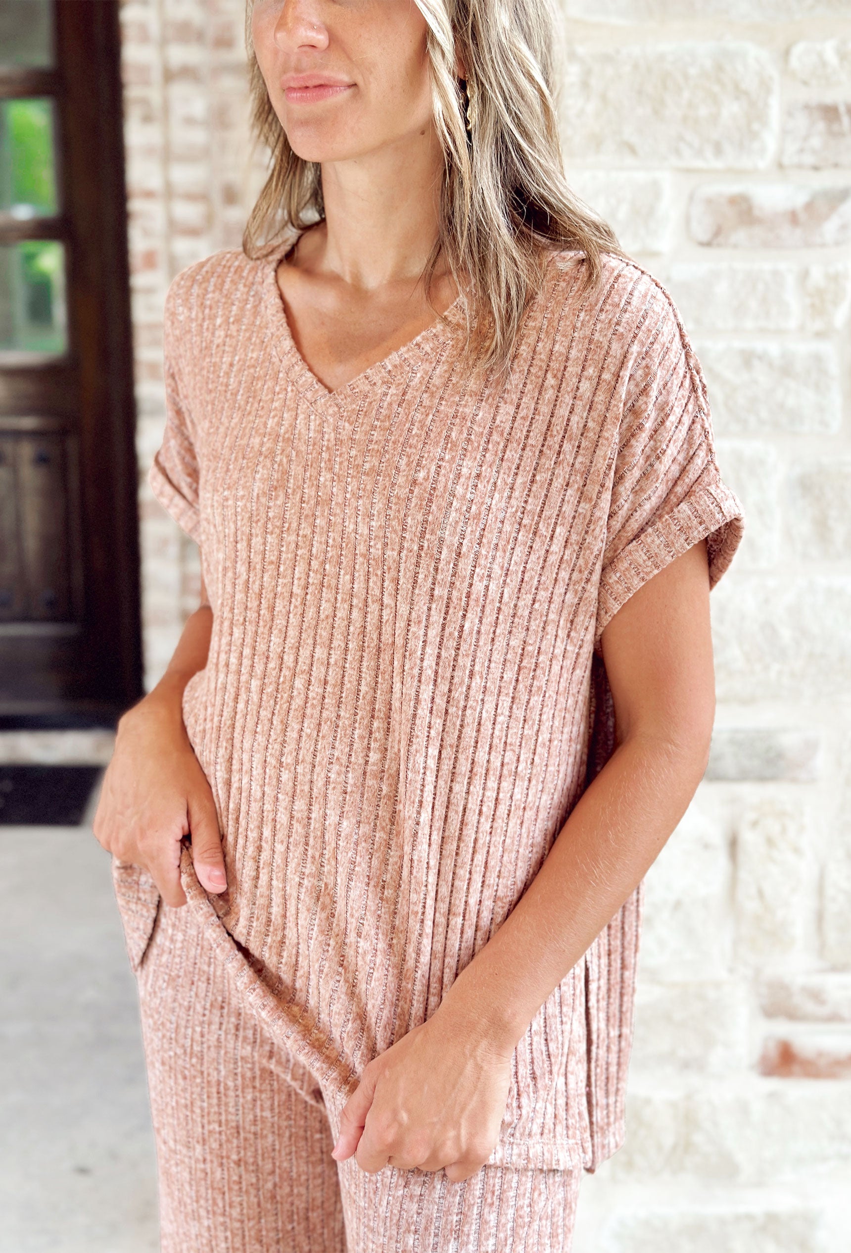 Z SUPPLY Take It Easy Rub Tunic in Maple Heather, rolled short sleeves with soft v-neck