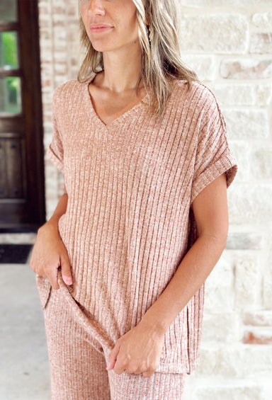 Z SUPPLY Take It Easy Rub Tunic in Maple Heather, rolled short sleeves with soft v-neck