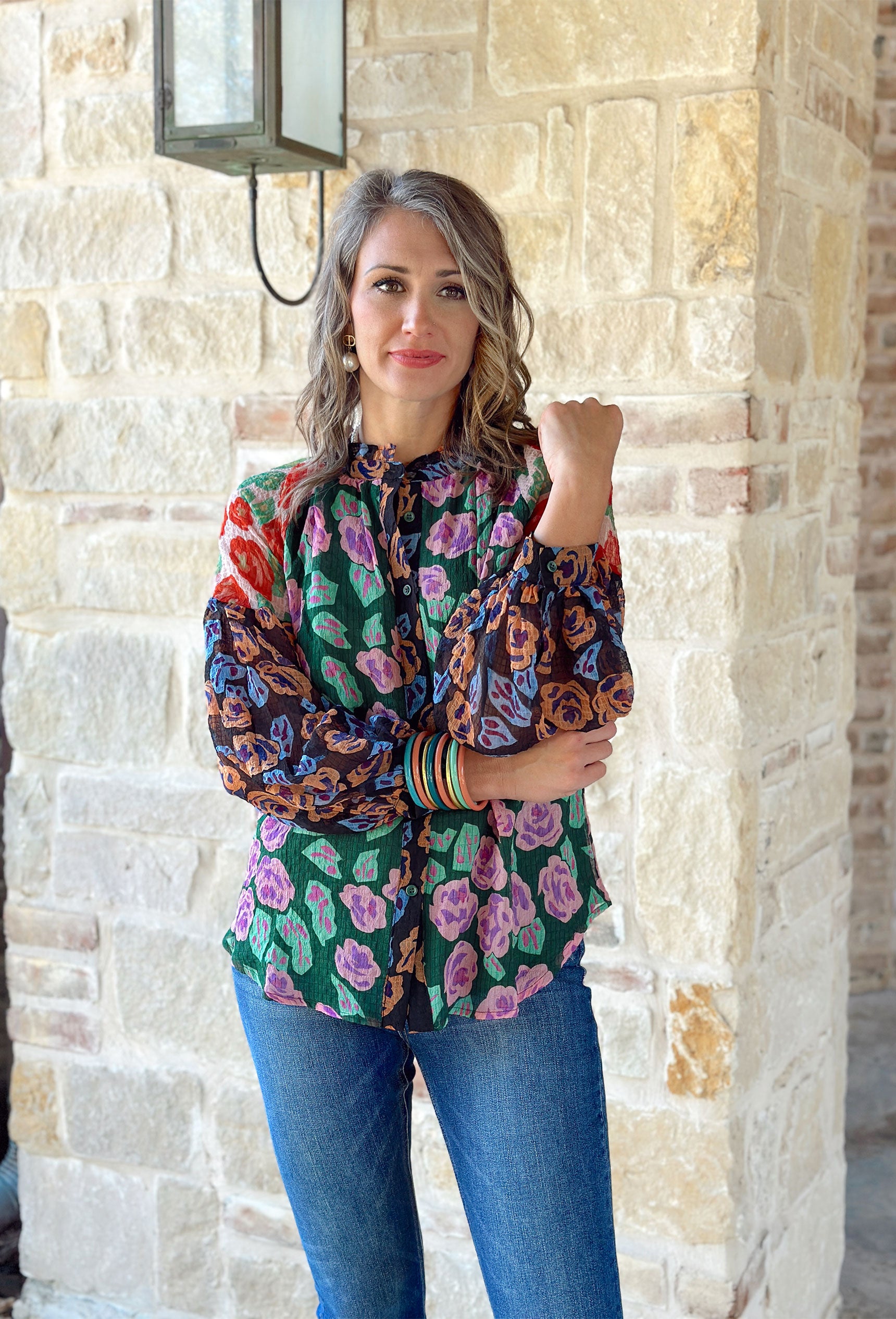 Autumn Blooms Floral Blouse, green, pink, purple, red, sage, blue and orange abstract floral button up blouse