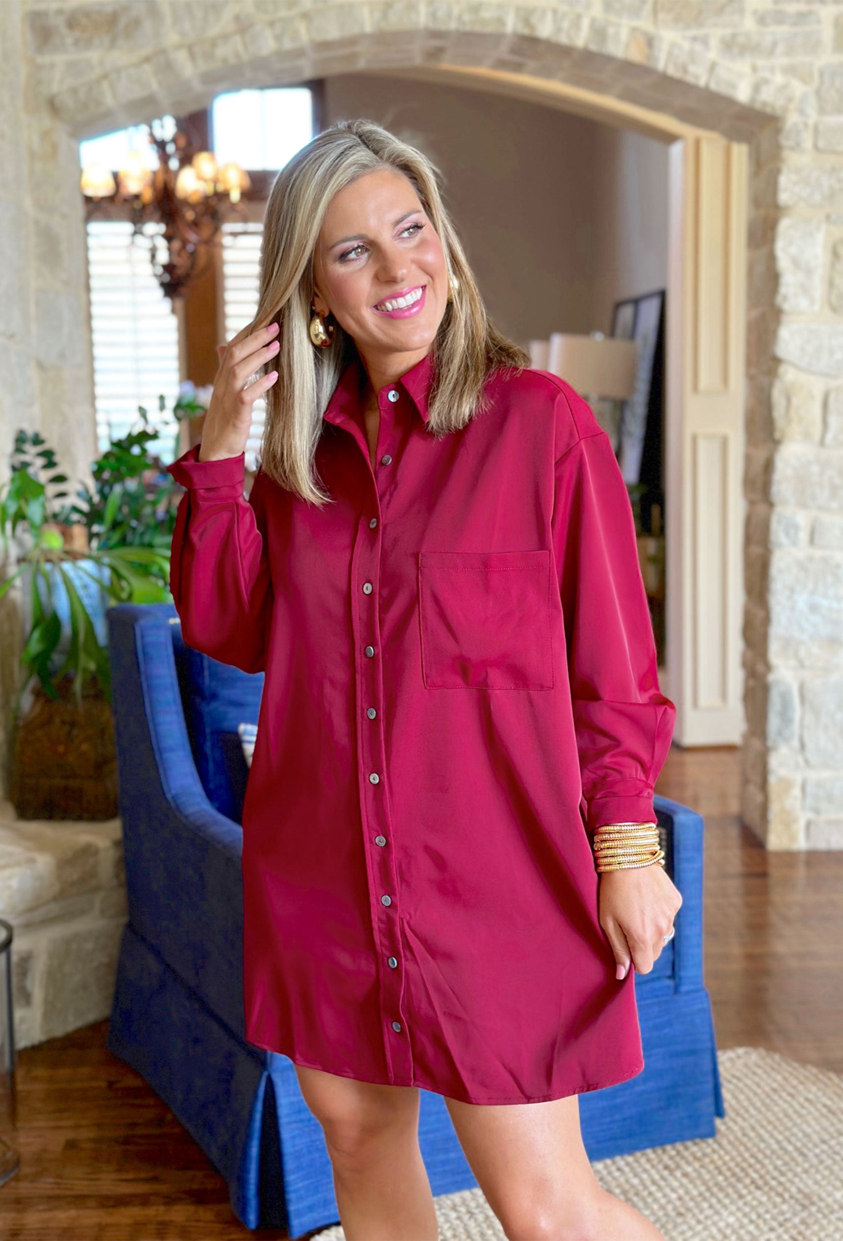 Autumn Brunch Dress, burgundy button up long sleeve dress   