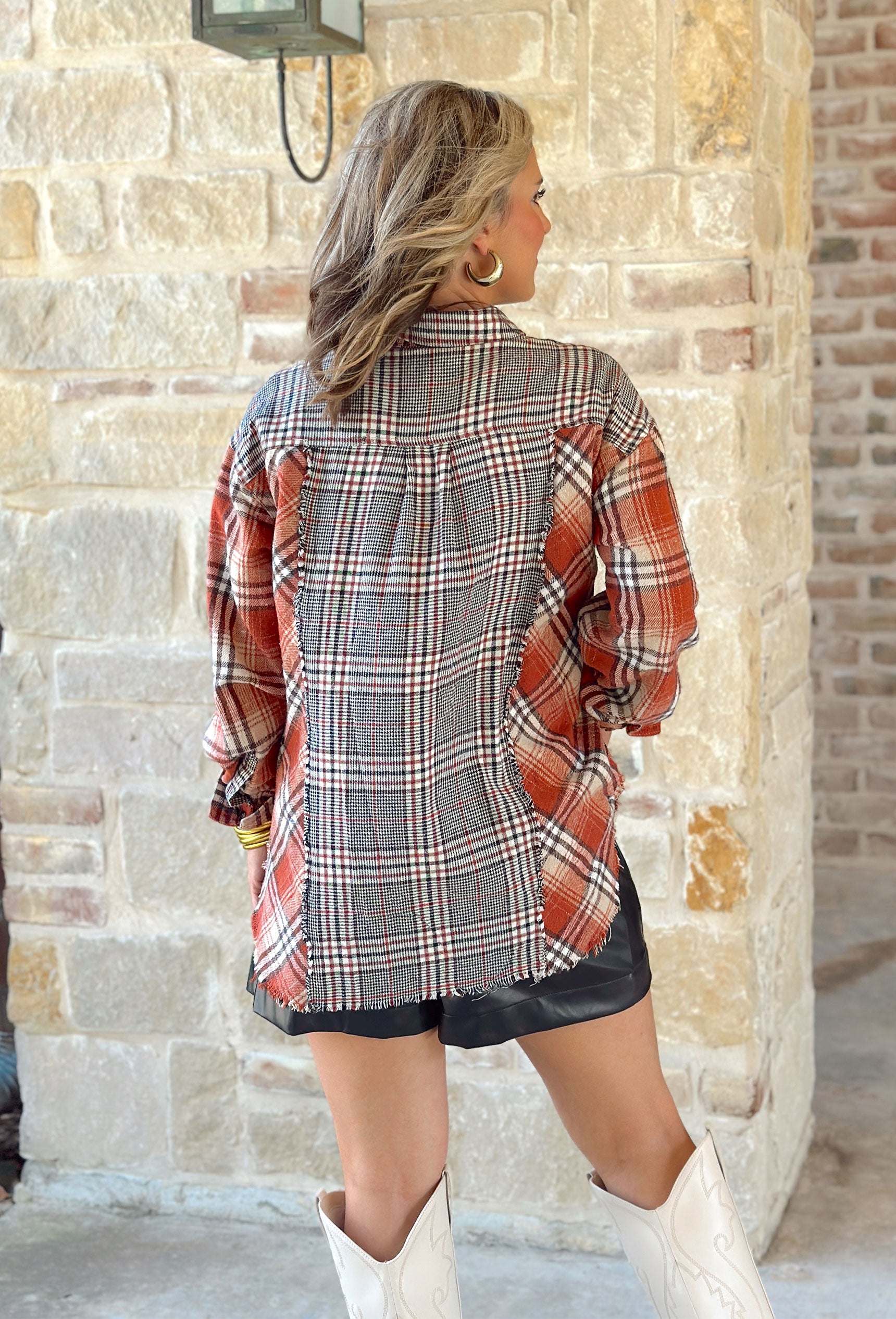 Autumn Forever Flannel Top, burnt orange, charcoal, cream, tan, and taupe flannel