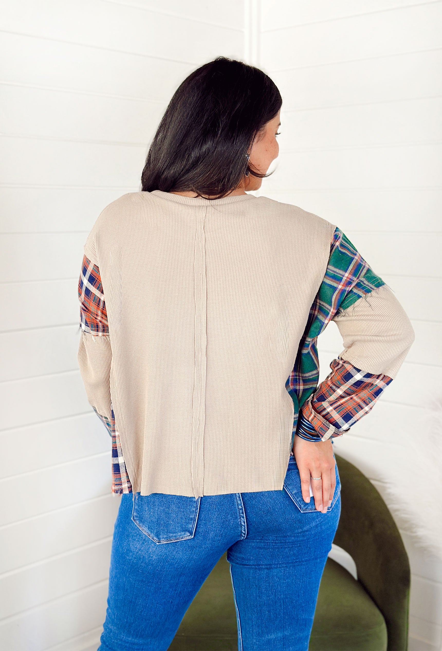 Autumn Is Coming Top, tan waffle knit long sleeve with flannel sleeve patch detailing 