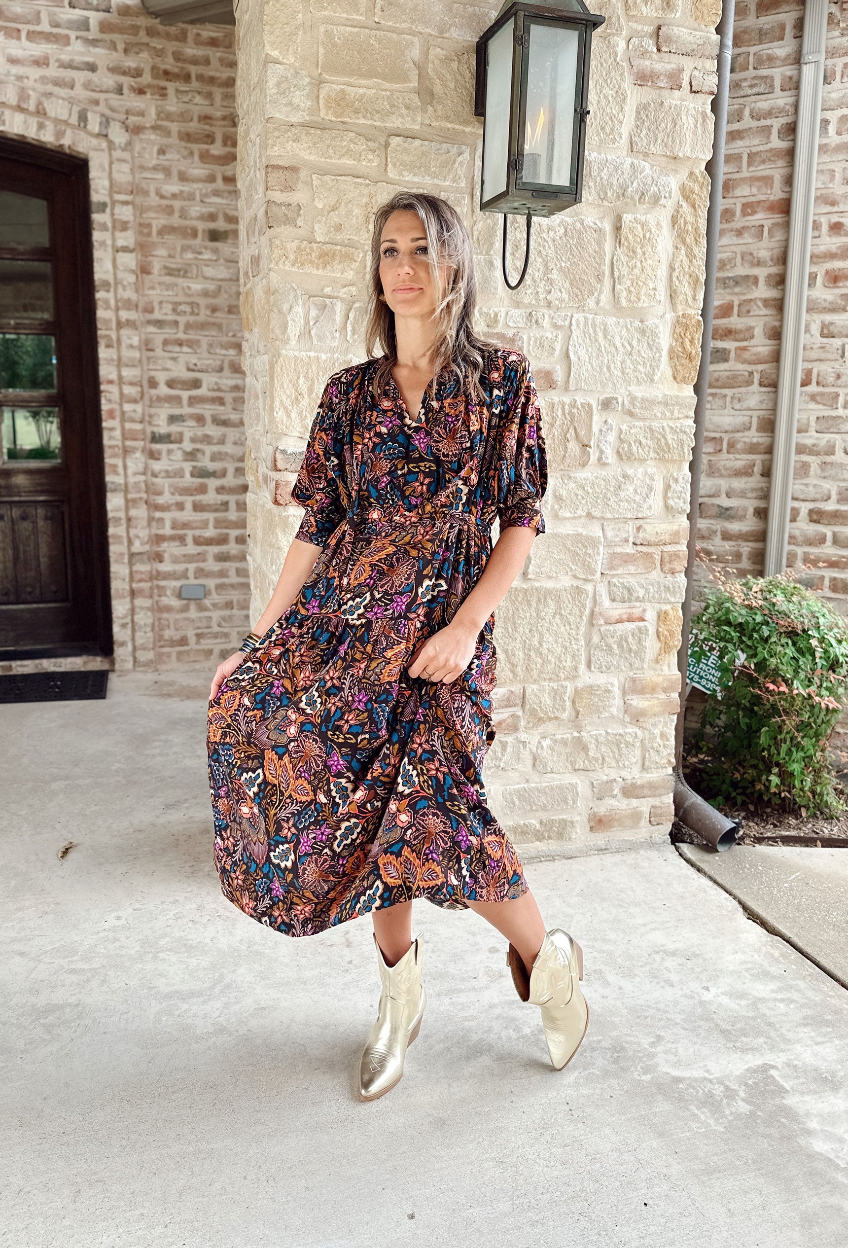 Begin Again Floral Midi Dress, black midi dress with floral and leaf print in orange, teal, cream, and orchid