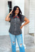 Good For You Top, short sleeve black washed denim top with two front pockets, hidden buttons, collar, and rolled sleeves 