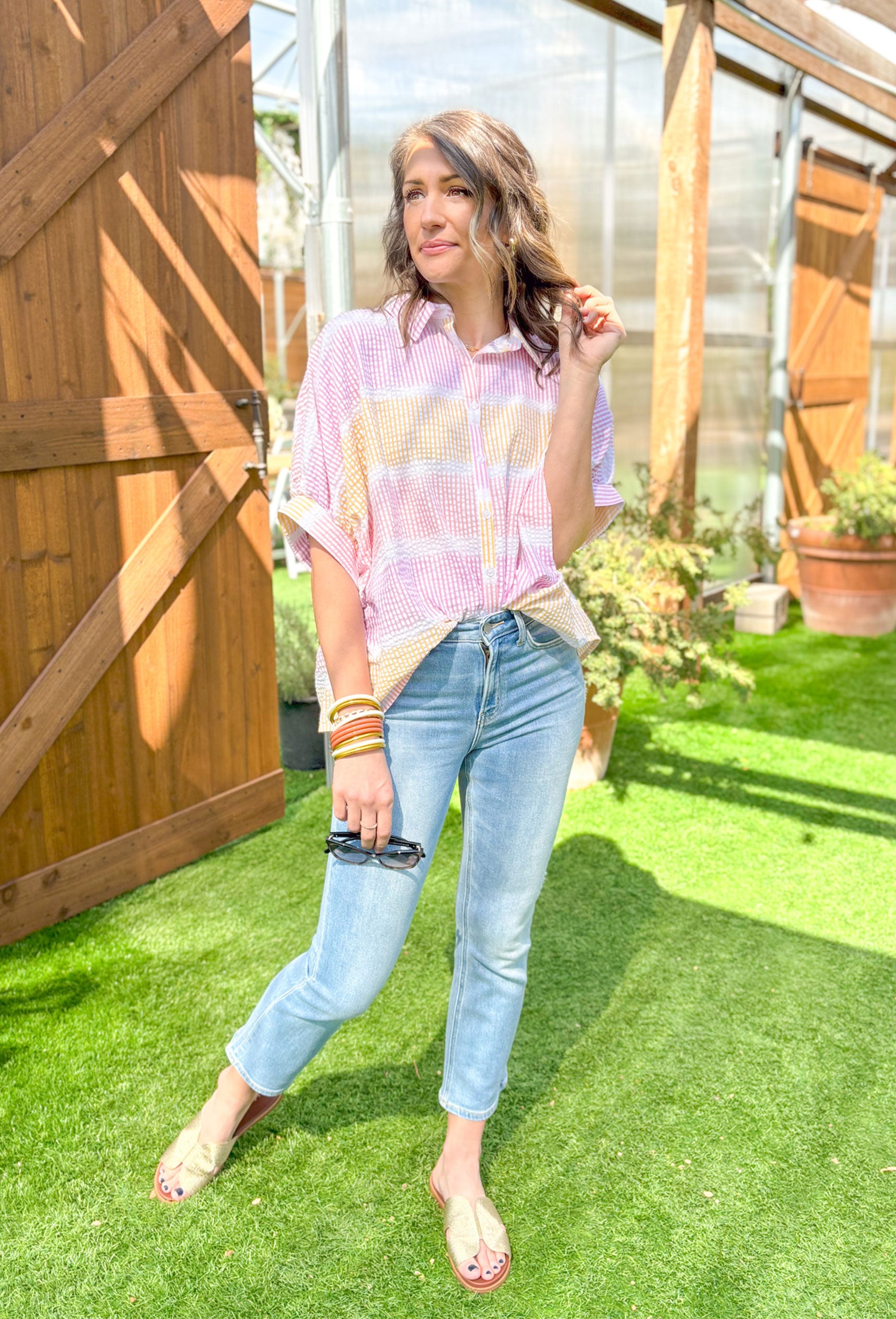 Blur The Lines Button Up Top, dulman sleeve button up top in pink, orange, and white stripes