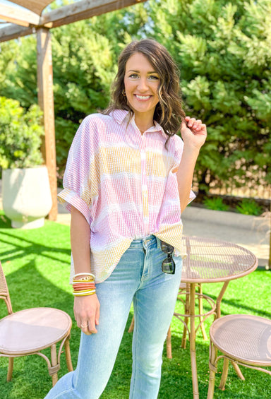 Blur The Lines Button Up Top, dulman sleeve button up top in pink, orange, and white stripes