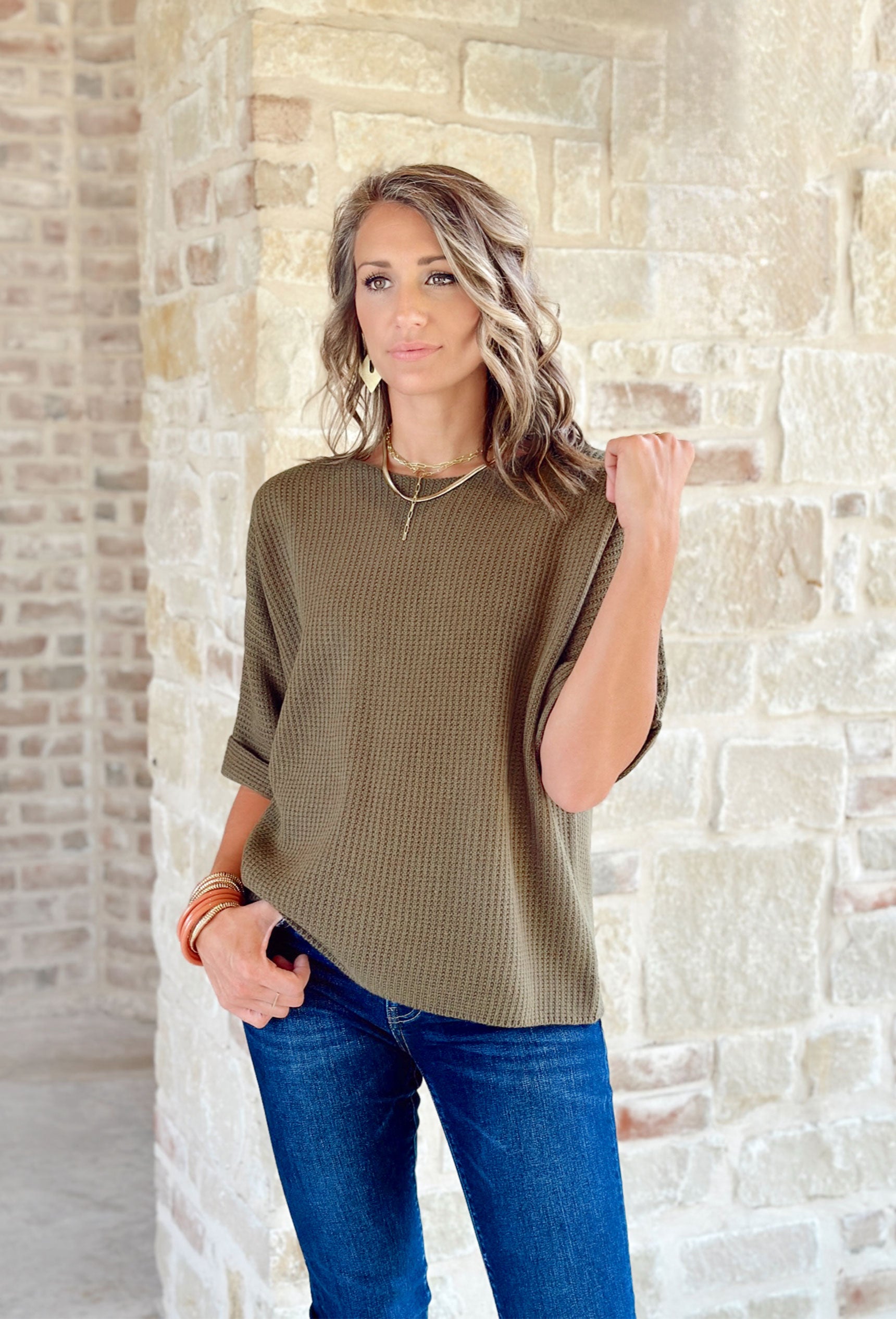 Boston Market Sweater in Olive, waffle knit short sleeve sweater top with folded sleeves 