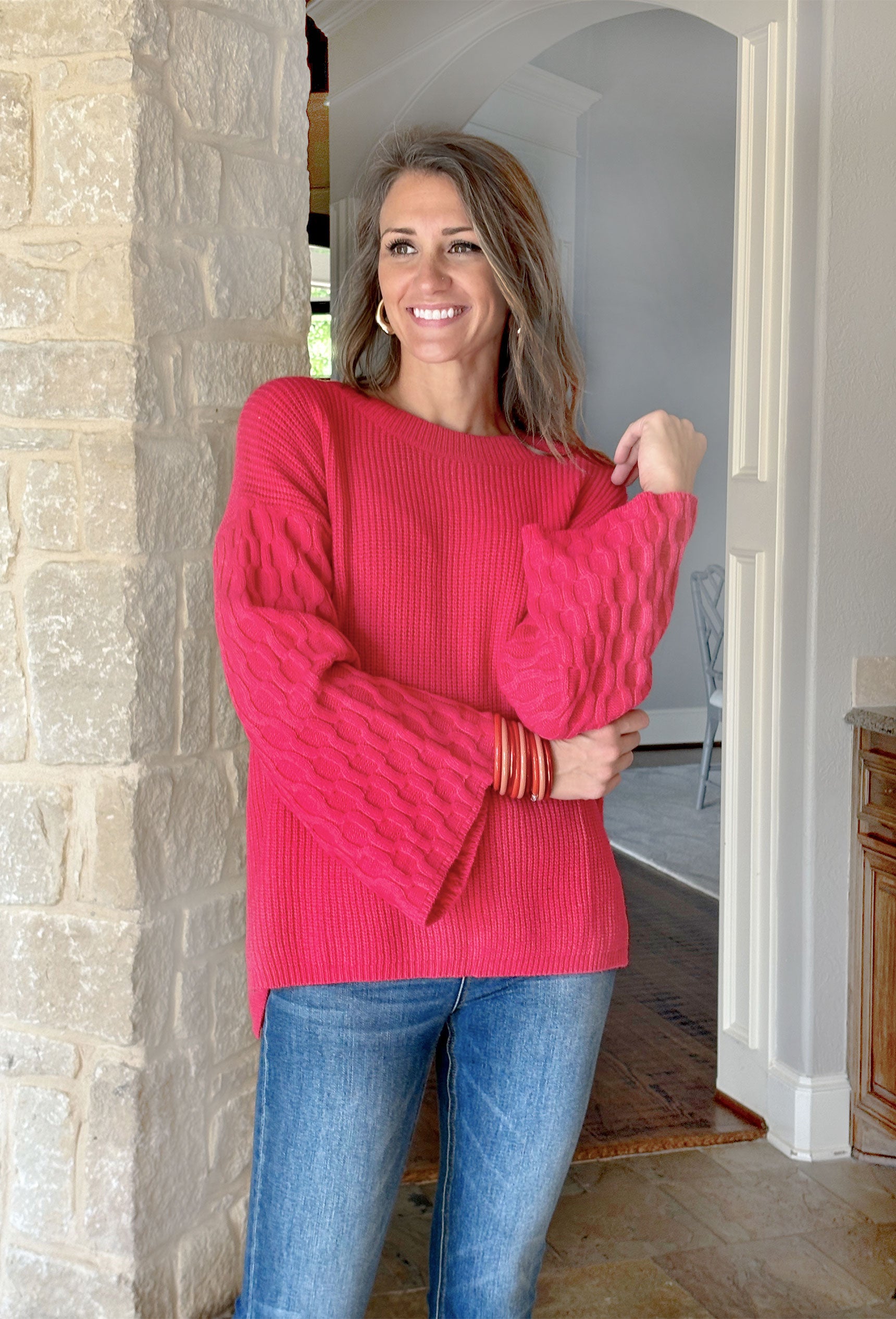 Boston Nights Sweater, cranberry knit wide sleeve sweater
