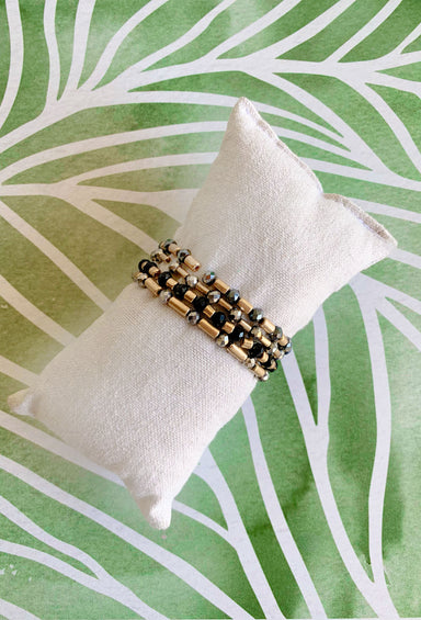Brie Bracelet Set in Black, beaded bracelet stack of 4 with black, grey, and gold beads
