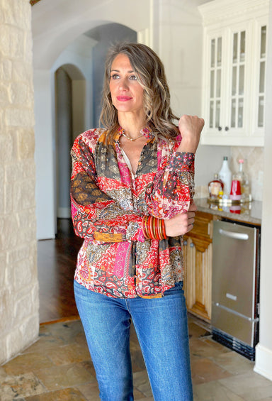 Can't Help Falling Top, multi-print long sleeve button up top with charcoal, gold, red, hot pink, white, and tan