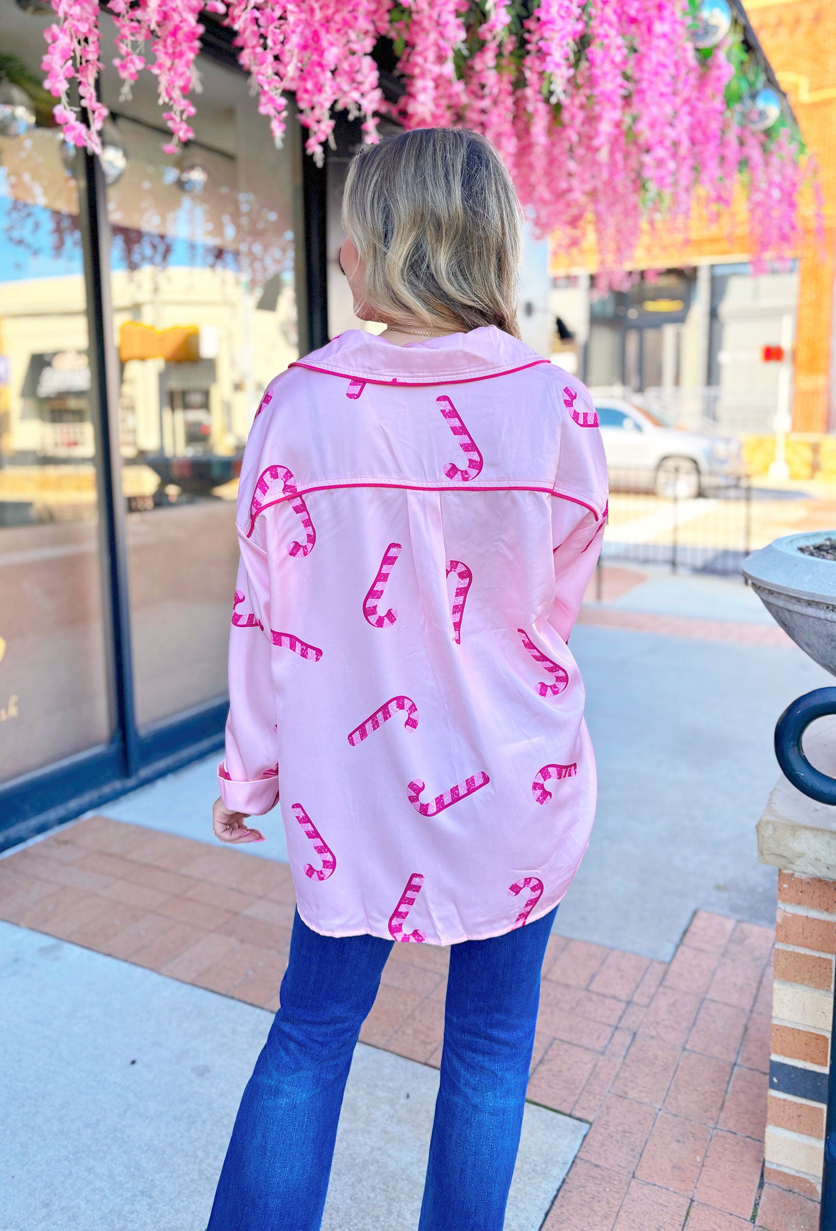 Candy Cane Cutie Button Up Top, pink button up blouse with hot pink and bubble gum pink candy cane graphics 