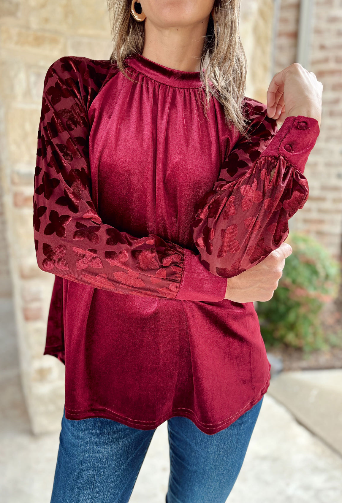Umgee Crushed Velvet Pleated Blouse