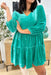 Caught In The Middle Velvet Dress, bright green velvet long sleeve dress with tiering and soft v-neck