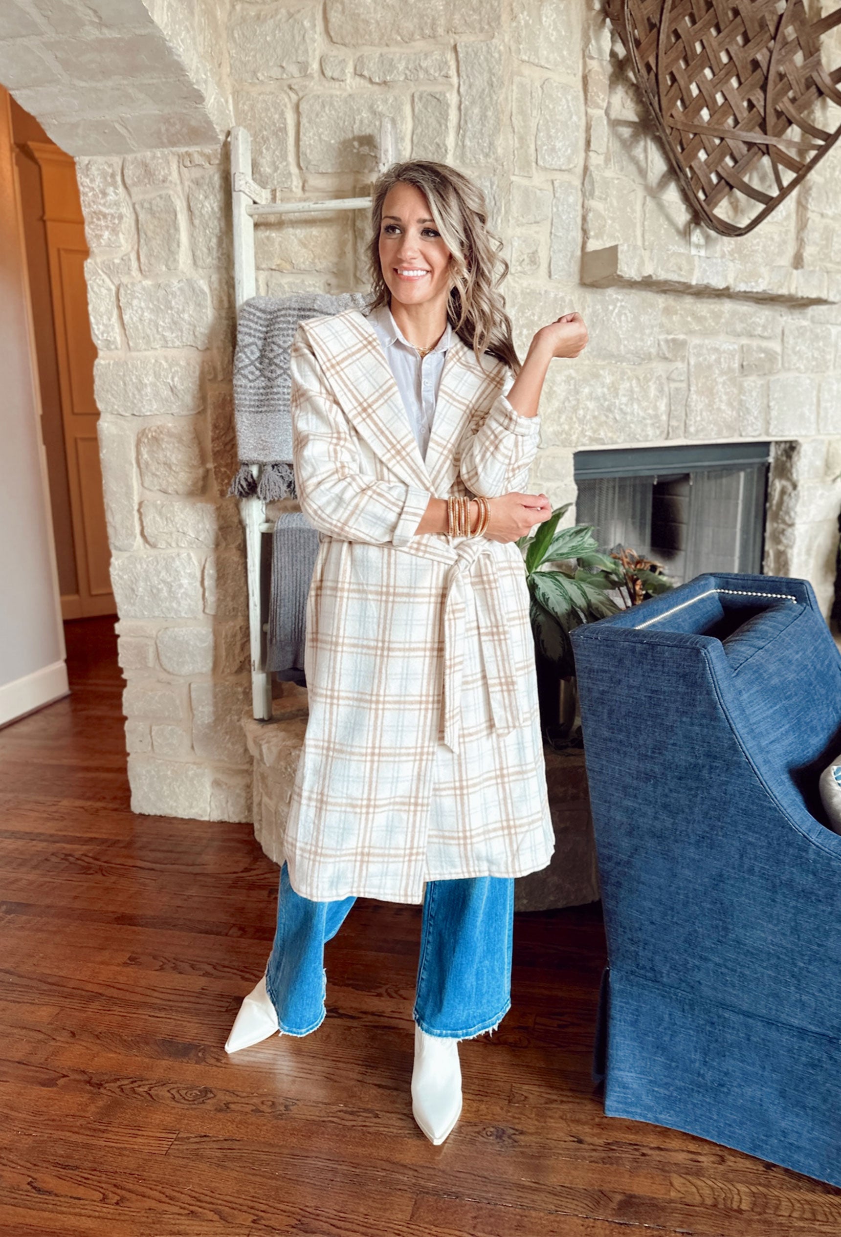 Chilly In Colorado Coat, fleece trench coat, cream, tan, and light blue plaid 