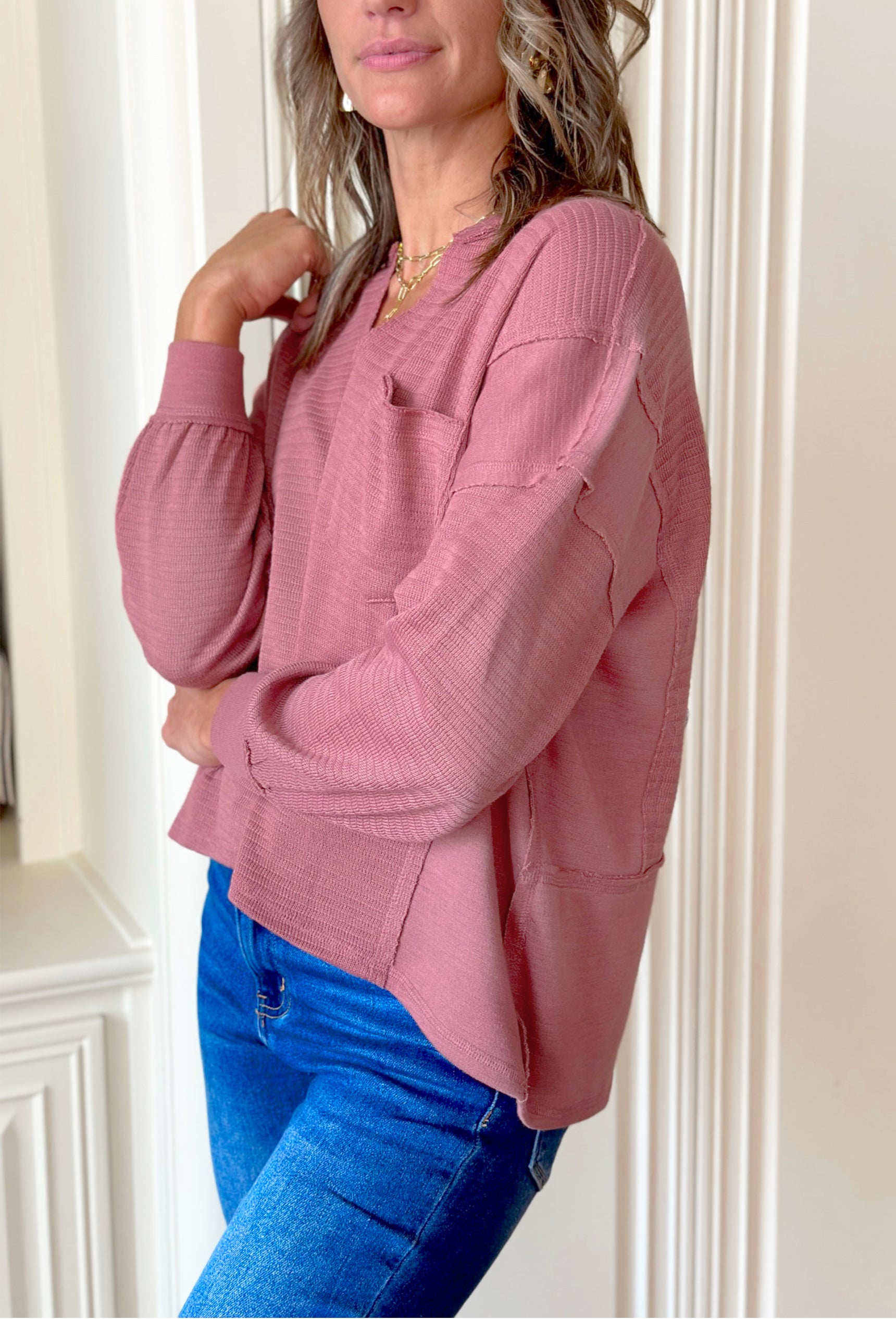 Chilly Morning Top in Dusty Rose, long sleeve top with front pocket and soft v-neck