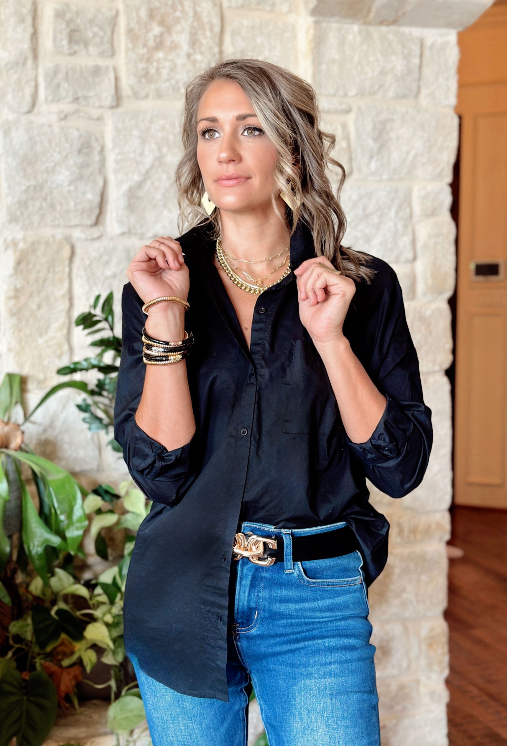Christi Button Up Top in Black, button up long sleeve with one frocket