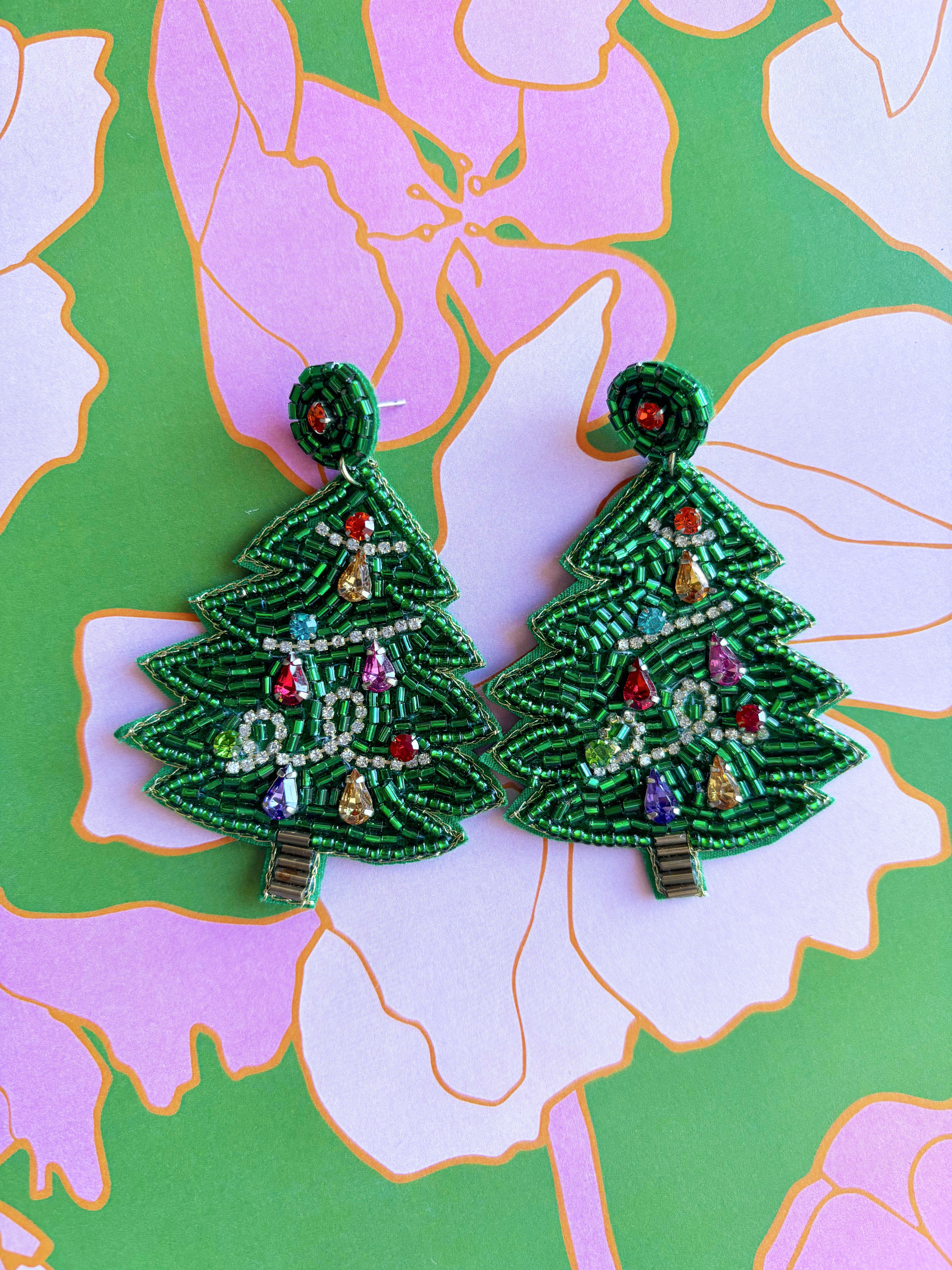 Festive Feeling Beaded Earrings, green beaded earring with colorful bead ornaments