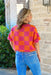 City Life Checkered Sweater, pink and orange checkered short sleeve sweater top