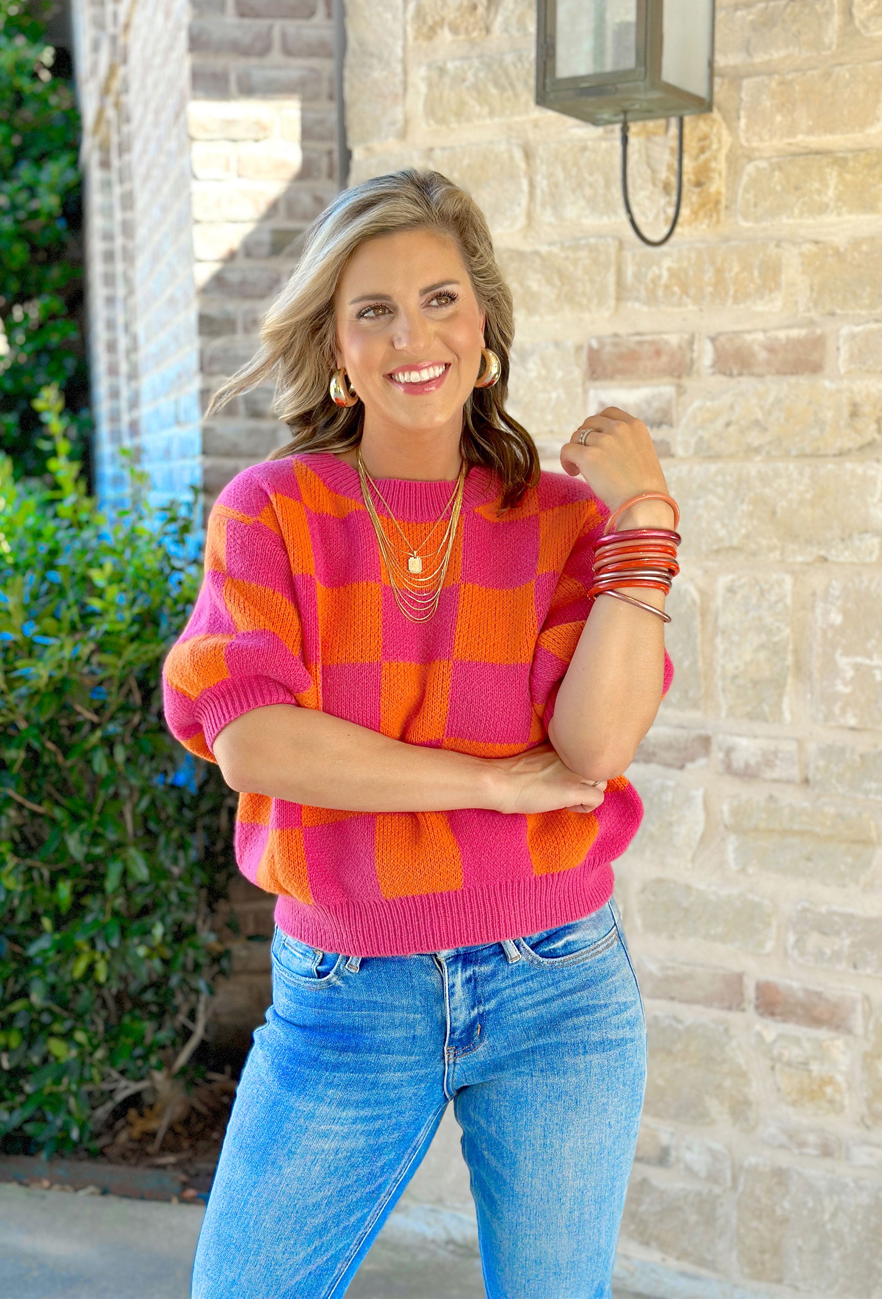 City Life Checkered Sweater, pink and orange checkered short sleeve sweater top