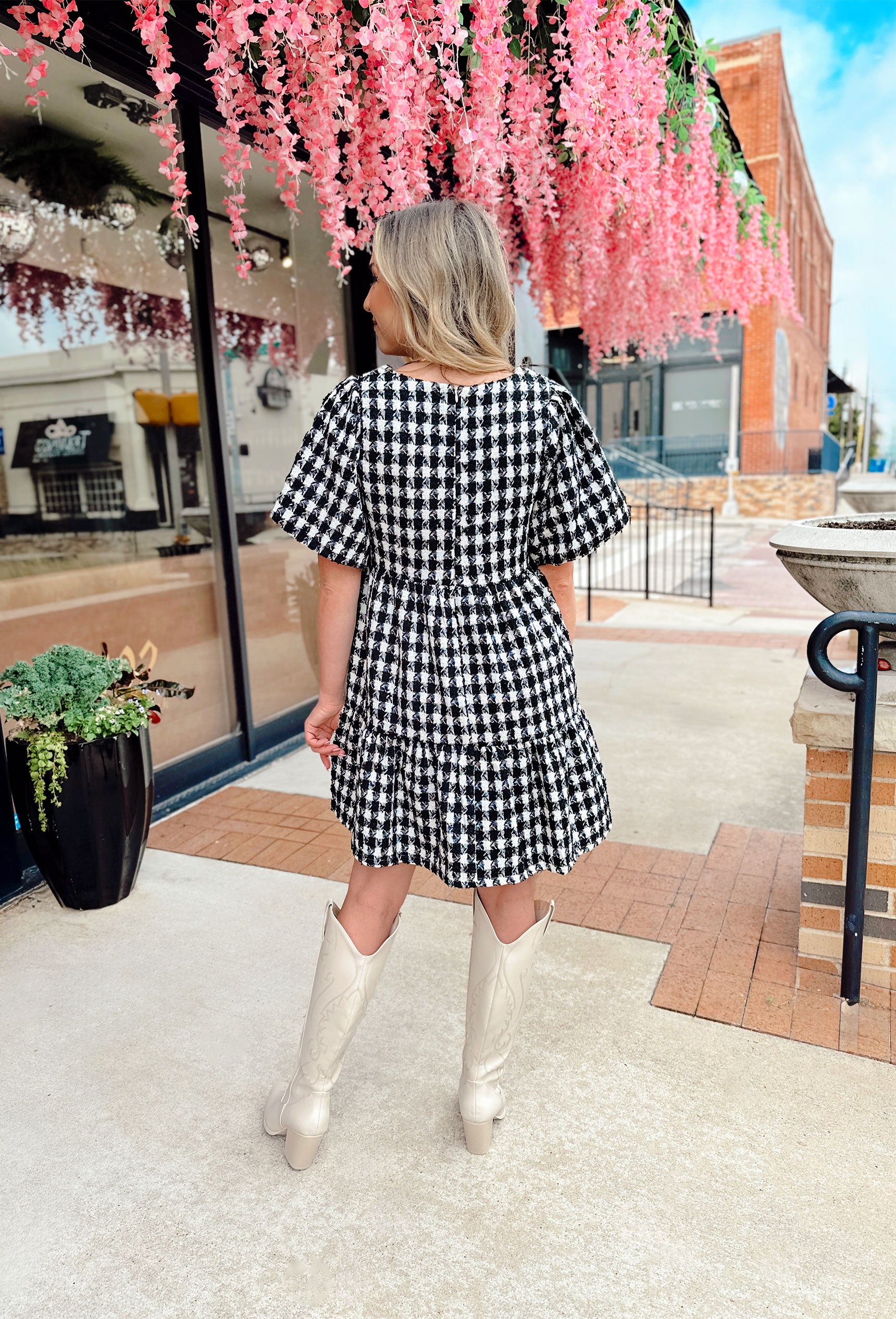 Classy & Chic Houndstooth Dress, black and white tiered soft puff sleeve dress with square neck line