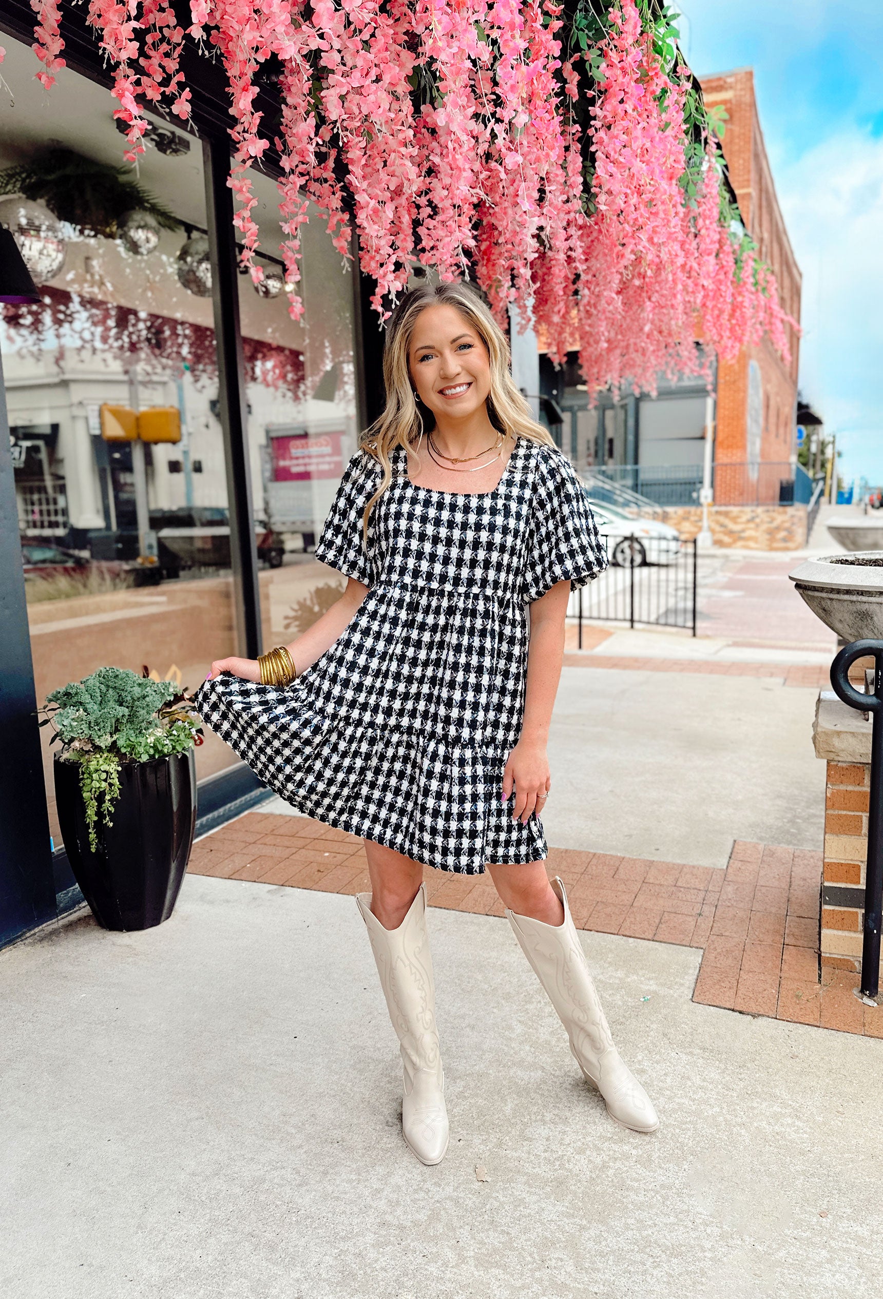 Classy & Chic Houndstooth Dress, black and white tiered soft puff sleeve dress with square neck line