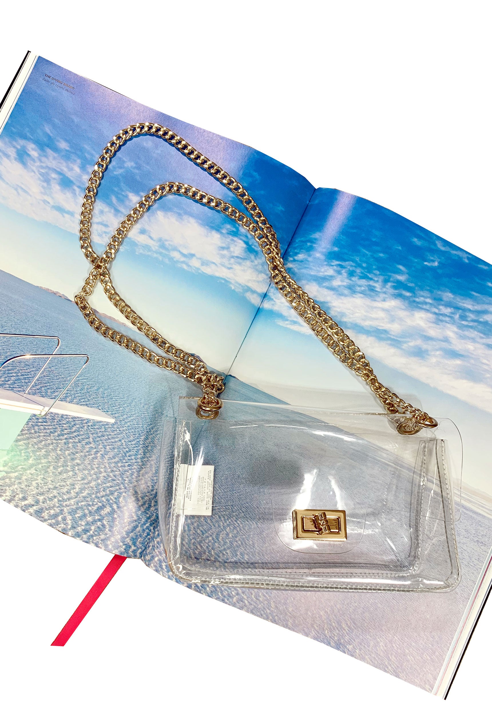 Madelyn Clear Crossbody in Gold, clear cross body purse with double gold chain and gold clasp