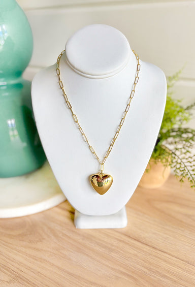 Close To Your Heart Necklace in Gold, paper clip chain in gold with large gold heart pendant