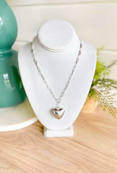 Close To Your Heart Necklace in Silver, paper clip chain in silver with large silver heart pendant
