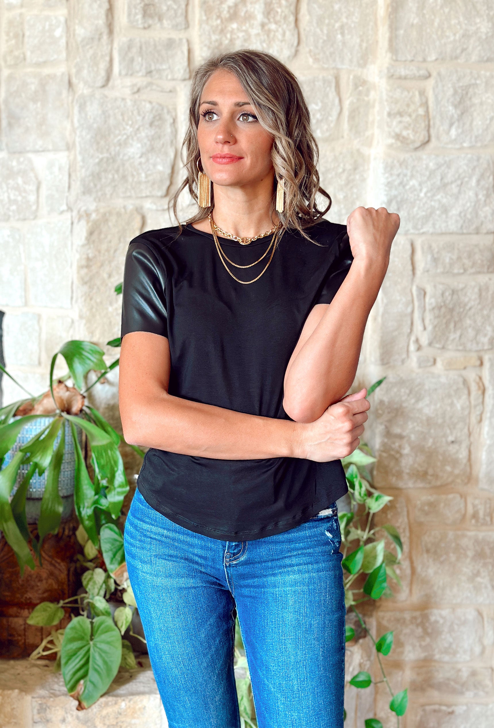Crazy About You Top, black short sleeve top with faux leather short sleeves