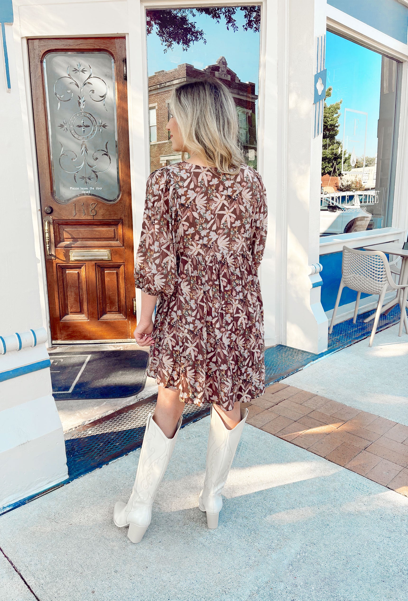 Crazy For You Floral Dress, brown, taupe, and tan long sleeve floral dress with pockets
