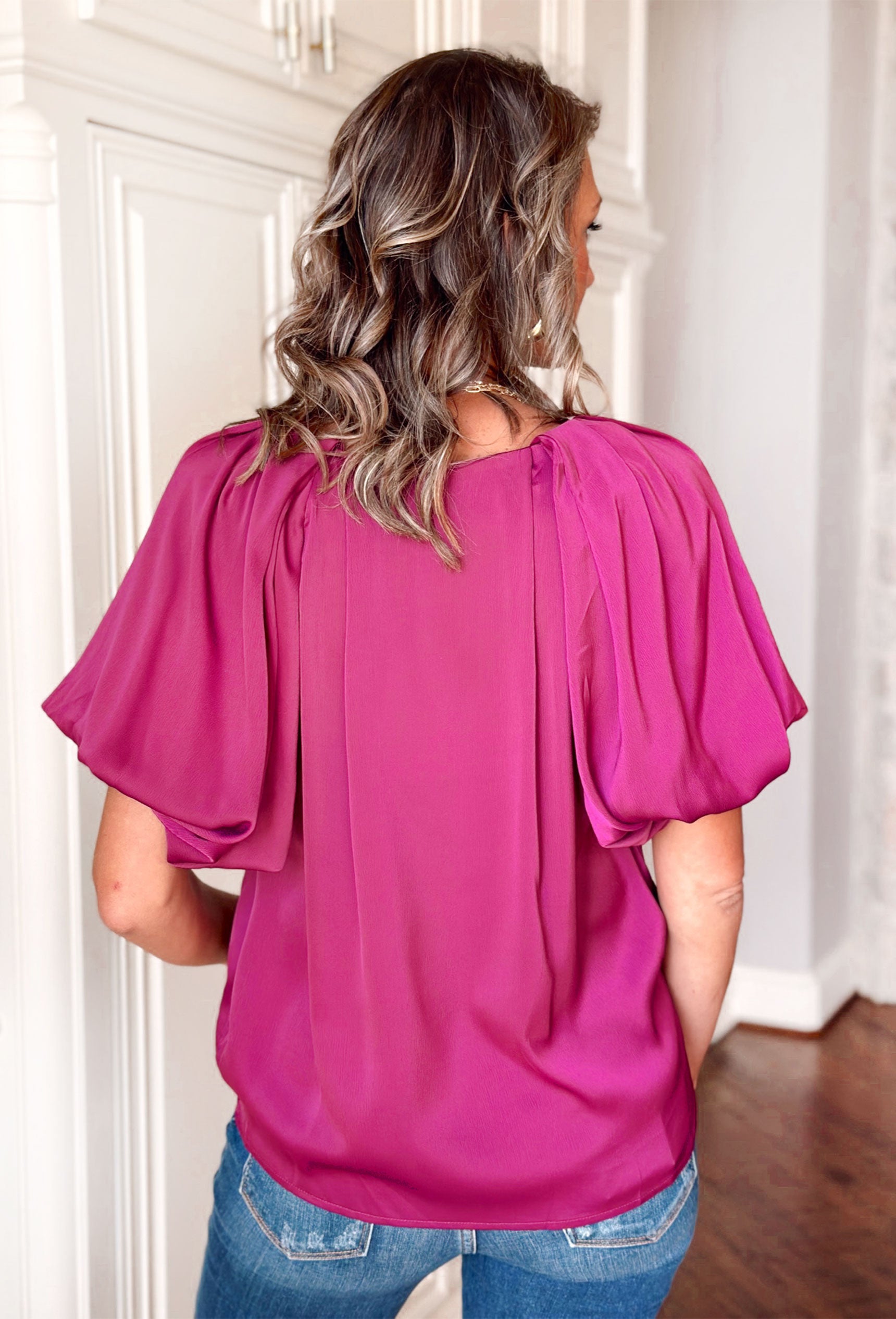 Dixie Blouse in Plum, fuchsia blouse with puff sleeves and soft v-neck