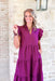 Dreaming of Paris Midi Dress in Eggplant, v-neck midi dress with ruffle sleeves and tiering