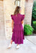 Dreaming of Paris Midi Dress in Eggplant, v-neck midi dress with ruffle sleeves and tiering