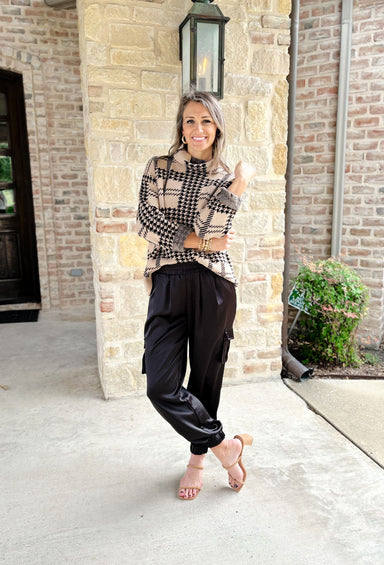 Dreaming Of Soho Houndstooth Sweater, tan and black houndstooth turtle neck sweater