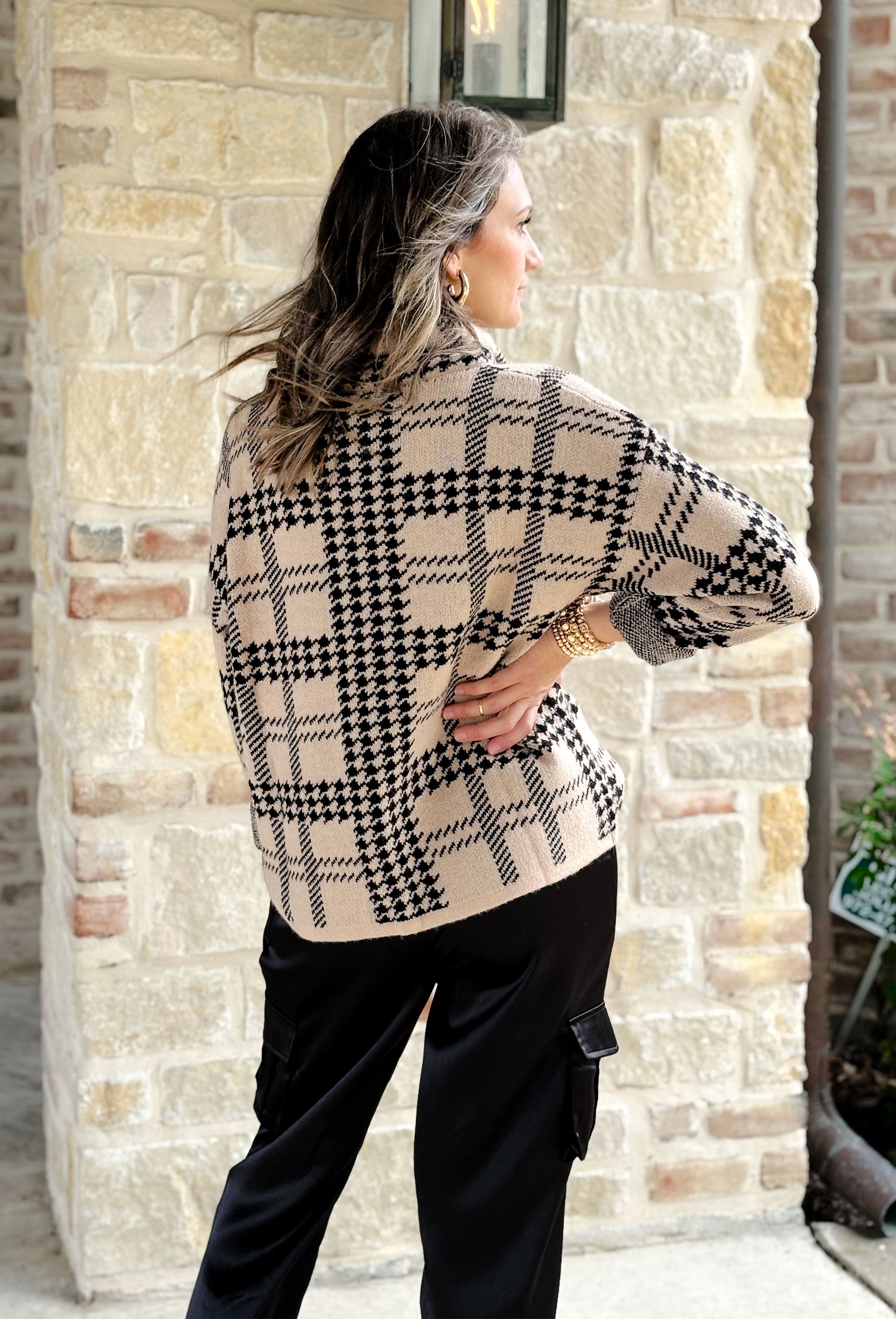 Dreaming Of Soho Houndstooth Sweater, tan and black houndstooth turtle neck sweater