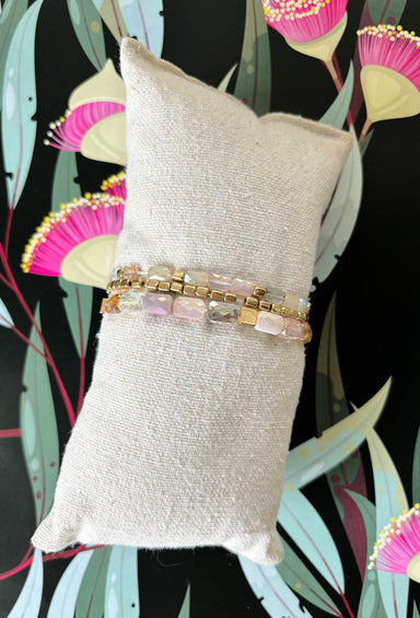 Easily Charmed Bracelet Set, gold and iridescent white beaded bracelet set