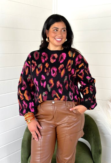 Electric Love Leopard Sweater, black sweater with pink, magenta, orange, and army green leopard print 